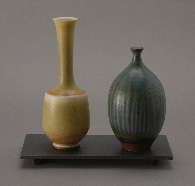 Two Art Pottery Vases, Both Signed: Two Art Pottery Vases, Both Signed; together with a slate stand {Height of taller 10 inches}
