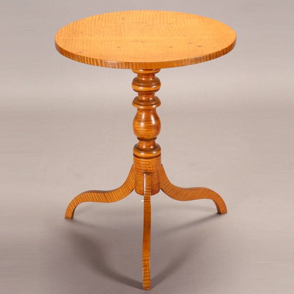 America Figured Maple Tilt Top Side Table: American Figured Maple Tilt Top Side Table, On tripod base {Height 28 inches; diameter of top 22 inches}