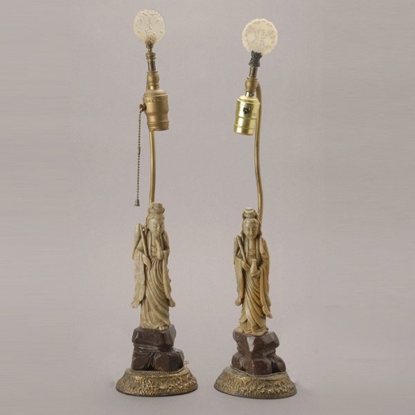 Pr Soapstone Figures of Meiren Mounted as Lamps: Pair of Soapstone Figures of Meiren Mounted as Lamps {Height of figures with base 12 inches}
