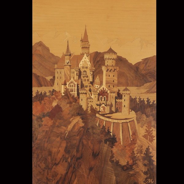 820 German Wood Inlay Plaque of Neuschwanstein Castle