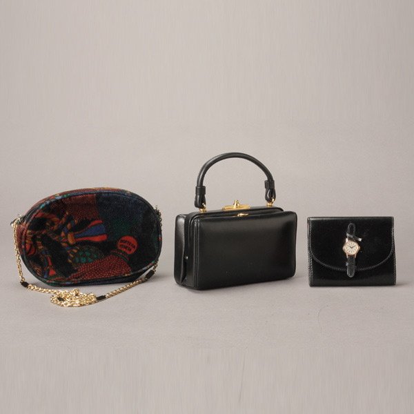 COLLECTION OF FOUR HANDBAGS.: COLLECTION OF FOUR HANDBAGS. A black, rectangular Koret box form purse measures approximately 6 1/2 inches in length by 4 inches in height. Strap measures approximately 9 inches in length and interior