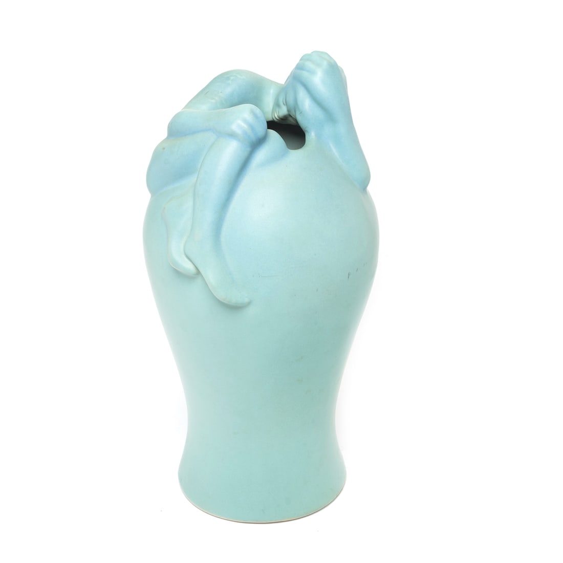 Van Briggle Pottery Pottery Despondency Figural Vase: Van Briggle Pottery Despondency Figural Vase. Nude male figure reclining around the mouth, slight taper towards a low waist which tapers slightly out to a round foot. The underside incised with 'L AA