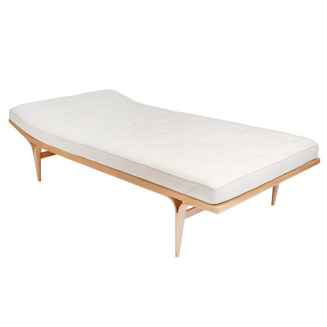 Bruno Mathsson for Firma Karl Mathsson Berlin Daybed: Bruno Mathsson for Firma Karl Mathsson Berlin Daybed. Tufted cream upholstered cushion Marking to stretcher reads 'FIRMA KARL MATHSSON MADE IN - VARNAMO - SWEDEN 1960'. {Approximate dimensions: 19 1/2