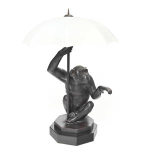 Bronze Monkey with Umbrella Table Lamp After LeVerrier: Bronze Monkey with Umbrella Table Lamp After Le Verrier. Max Le Verrier (French, 1891-1973); the bronze monkey on octagonal black slate base, umbrella form frosted glass shade. 'Le Verrier' incised to