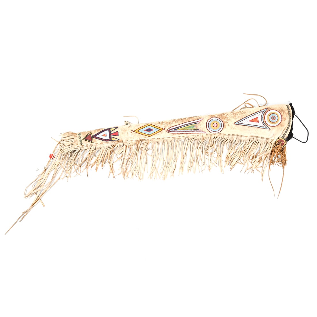 Native American Northern Beaded Hide Rifle Bag: Native American Northern Beaded Hide Rifle Bag. The hide case with fringe, beaded geometric motif to both sides, rivets to both ends, inserted with fabric wrapped board to provide stability. {Approxim