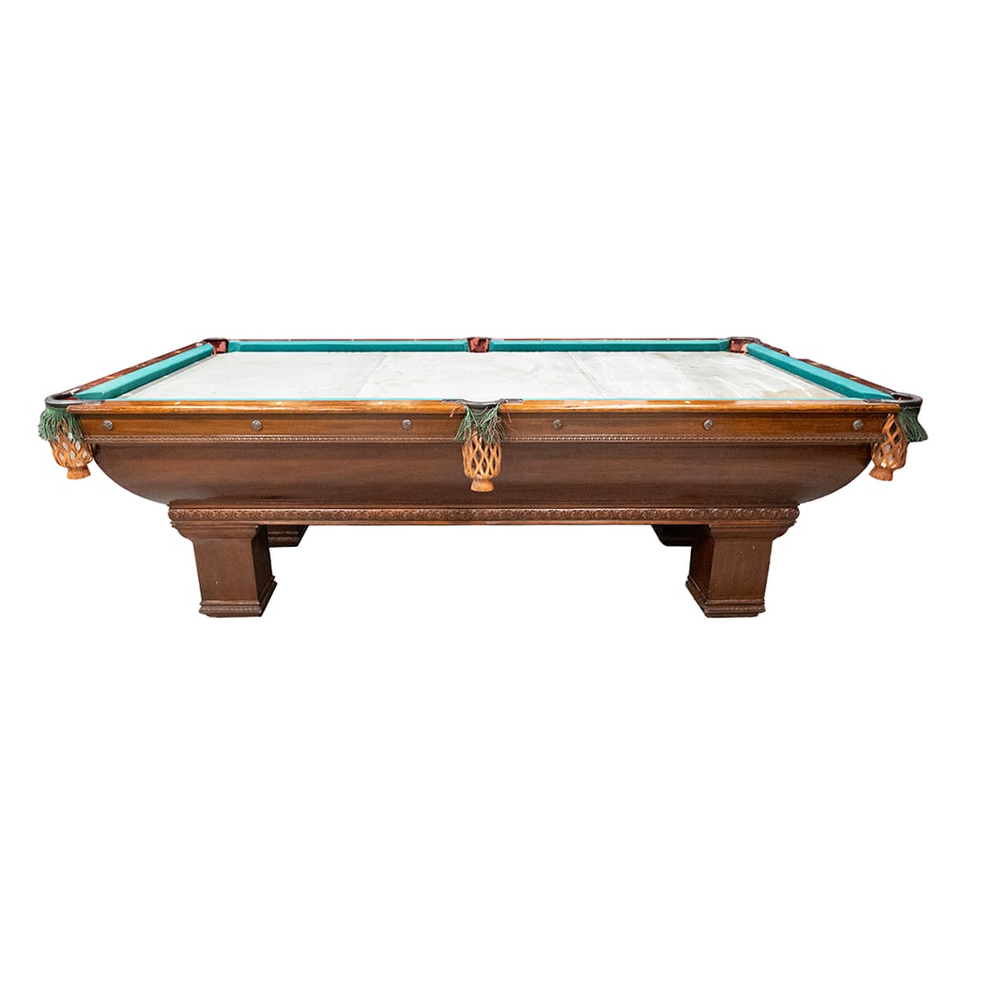 Brunswick Balke Collender Co Pool Table: Brunswick Balke Collender Co Pool Table. Mahogany body, Renaissance Revival carved decoration, side rails inlaid with bone. Inlaid brass reads 'BRUNSWICK - BALKE - COLLENDER - CO / Monarch Cushions; p