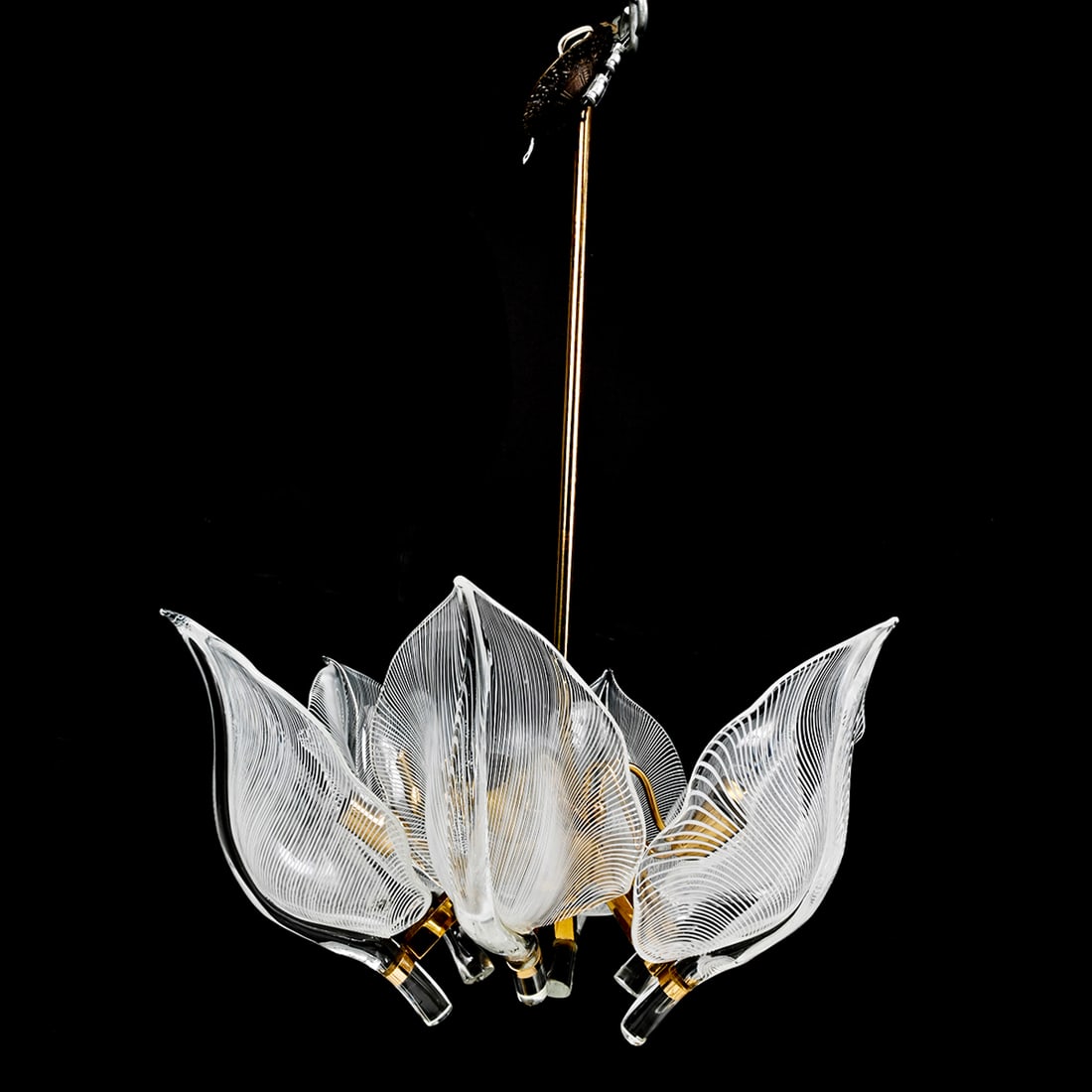 Mid Century Modern Franco Luce Murano Chandelier: Mid Century Modern Franco Luce Murano Six Light Chandelier. Six light brass plated body, six leaf form glass shades with white striations. Franco Luce sticker to body, also to one shade. {Approximate