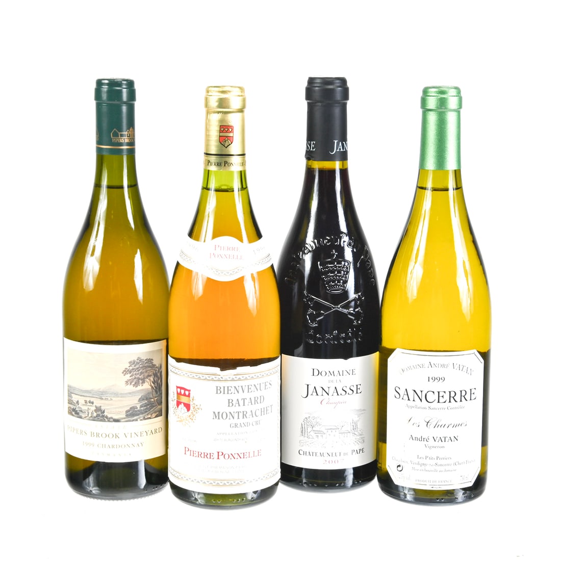 Four Bottles Wine Including Montrachet: Four Bottles Wine Including Montrachet. One bottle each 1996 Pierre Ponnelle Bienvenues Batard Montrachet Grand Cru Cote de Beaune, 1999 Piper's Brook Vineyard Chardonnay, 1999 Andre Vatan Les Charmes