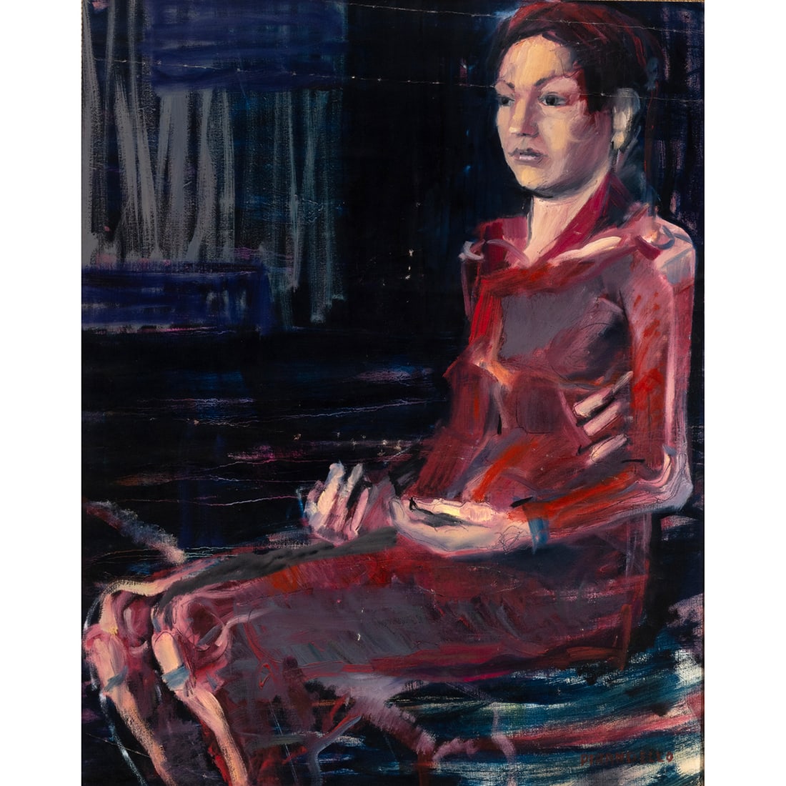 Attr. to Fausto Calogero Pirandello, Woman in Red, oil: Attributed to FAUSTO CALOGERO PIRANDELLO (Italian, 1899-1975), Portrait of Woman in Red, oil on canvas, (approximate dimensions - canvas (sight): 37 1/2 x 29 1/2 inches); signed on lower right. Proven