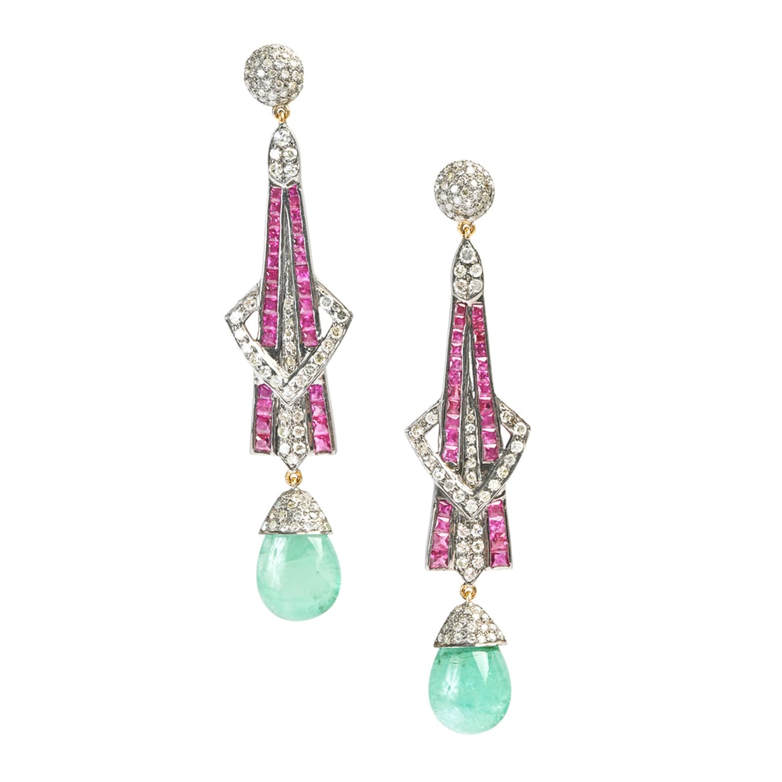 Pair of Emerald, Diamond, Ruby, Silver Earrings. (1 of 2)