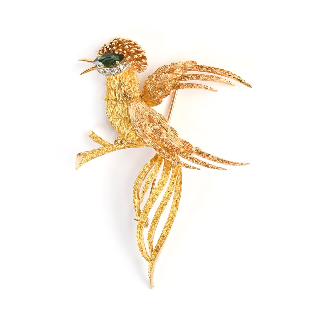 Green Tourmaline, Diamond, 18k Yellow Gold Bird Brooch. (1 of 3)