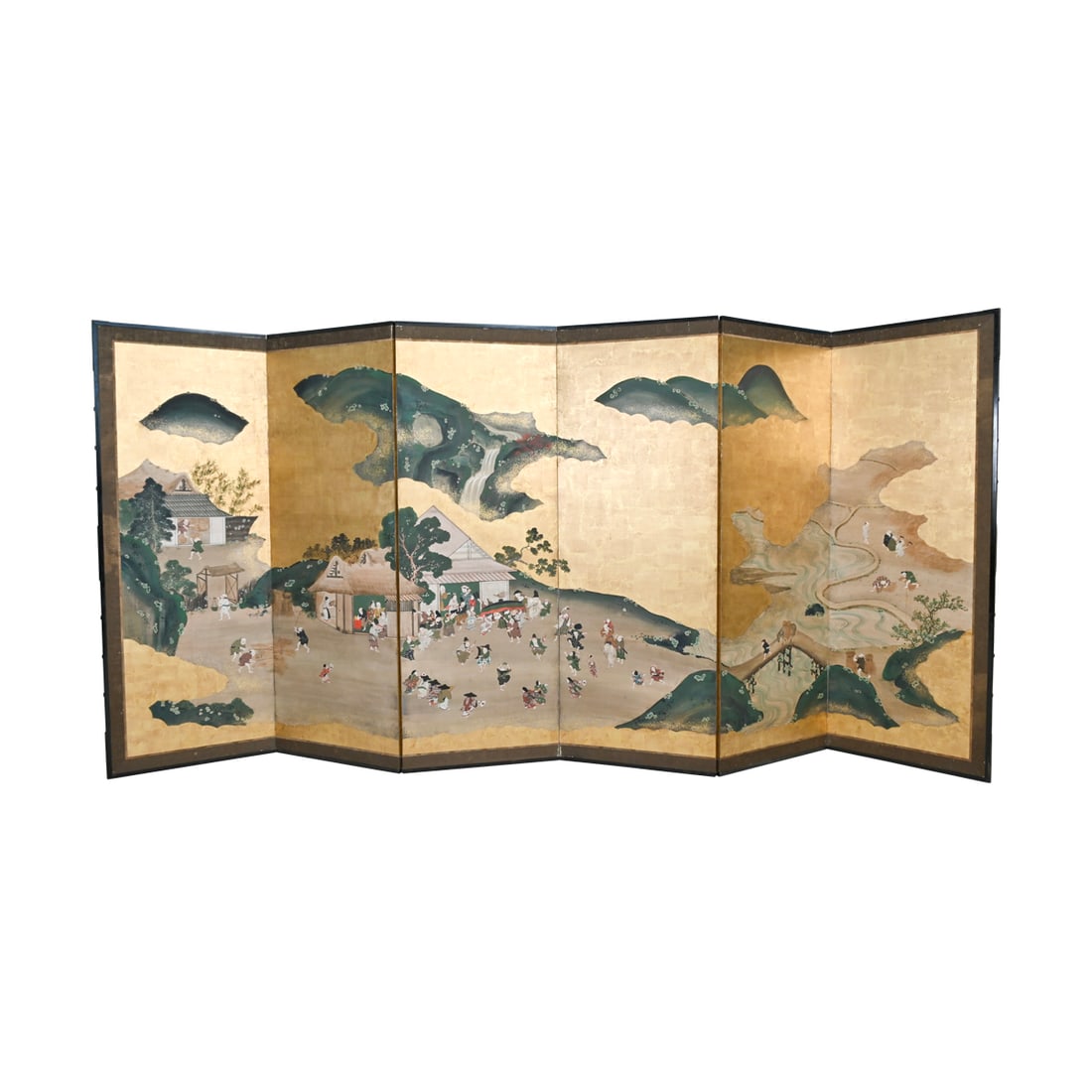 Large Japanese Six-Panel Screen, 'Village Celebration' (1 of 3)