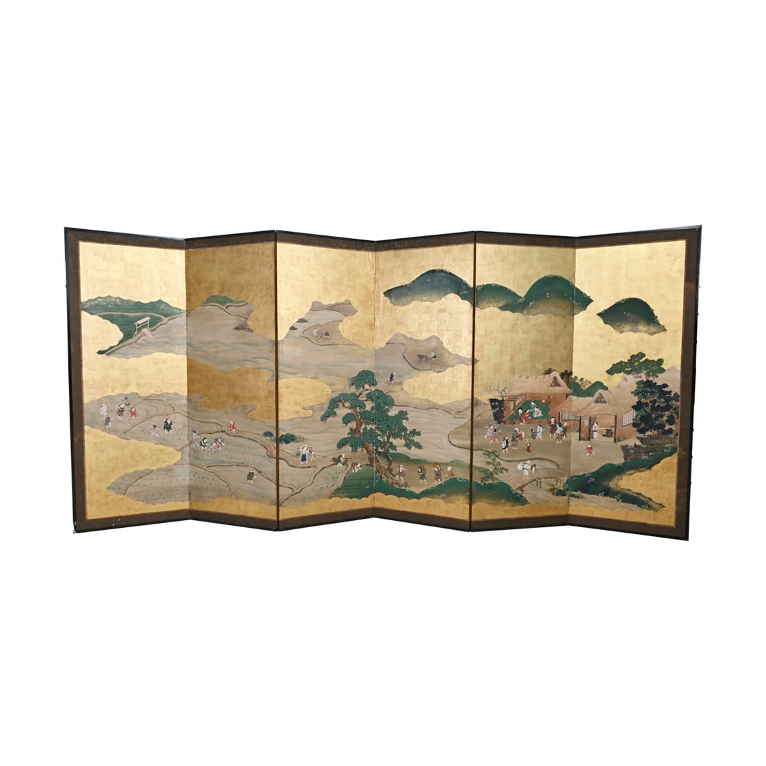 Japanese Six-Panel Folding Screen, 'Riverside Village' (1 of 3)