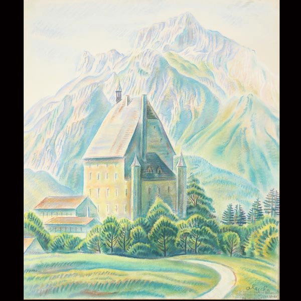 THEODOR ALESCHA "Mountainous Landscape": THEODOR ALLESCH-ALESCHA (Austrian 1898-1991) "Mountainous Landscape" Pastel on paper. 25 x 21.25 inches/ 63.5 x 54 centimeters. Signed & inscribed lower right "Alescha" Frame: 29 x 25.25 inches/ 73.6