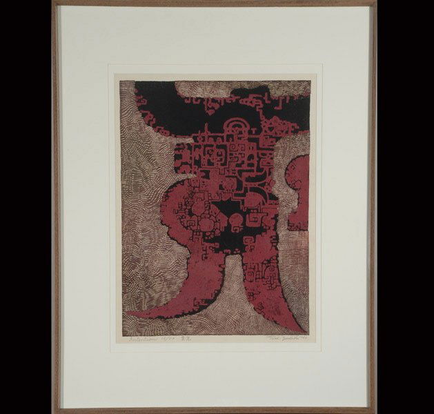 TOSHI YOSHIDA "Intention, 1962" Woodblock print: TOSHI YOSHIDA (Japanese 1911-1995) "Intention, 1962" Woodblock print. Image: 19.75 x 14.50 inches/ 50.2 x 36.8 centimeters. Titled & numbered in pencil lower left "Intention,16/50" Signed & dated lowe