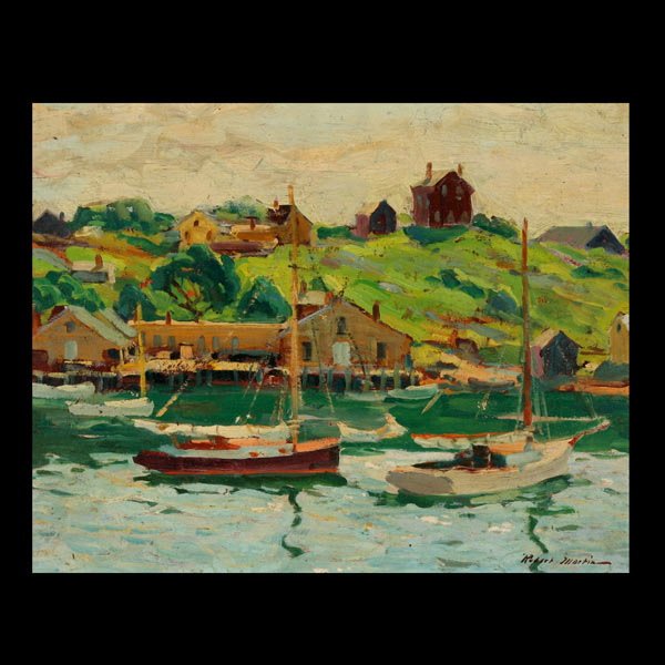 ROBERT JOSEPH MARTIN "Harbor Scene": ROBERT JOSEPH MARTIN (American 1888-1971) "Harbor Scene" Oil on board. 12 x 16 inches/ 30.5 x 40.6 centimeters. Signed lower right "Robert Martin" Frame: 19 x 22.50 inches/ 48.2 x 57.1 centimeters.