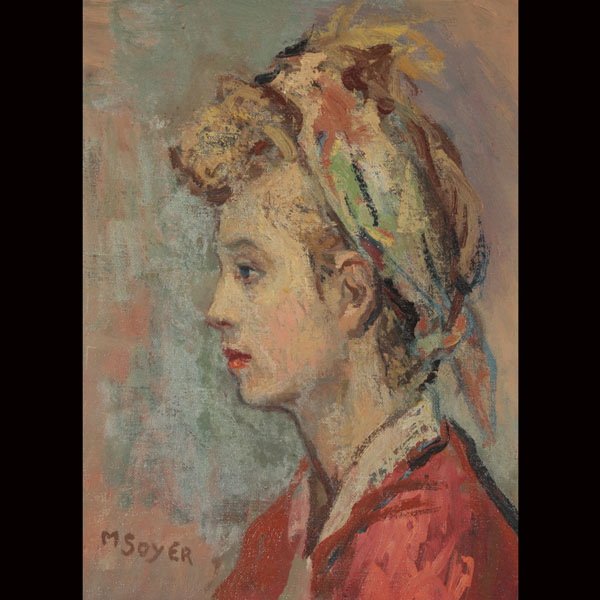 "Portrait of a Woman" by MOSES SOYER: MOSES SOYER (American 1899-1974) "Portrait of a Woman" Oil on canvas. 12 x 9 inches/ 30.5 x 22.9 centimeters. Signed lower left "M. Soyer" Frame: 16.25 x 13.25 inches/ 41.2 x 33.6 centimeters.