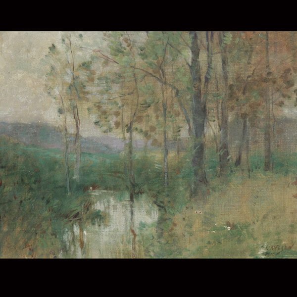 GEORGE LAURENCE NELSON "River Landscape": GEORGE LAURENCE NELSON (American 1887-1978) "River Landscape" Oil on canvas. 12 x 16 inches/ 30.5 x 40.6 centimeters. Signed & dated lower right "G. L. Nelson, 1911" Frame: 13.75 x 17.5 inches/ 35 x 4