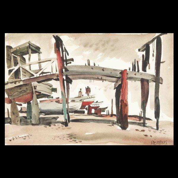 DONG KINGMAN "Bay Area Dry Dock, 1938": DONG KINGMAN (American 1911-2000) "Bay Area Dry Dock, 1938" Watercolor on paper. Sight: 14.75 x 22.5 inches/ 37.5 x 57.1 centimeters. Signed & dated lower right "Kingman, 38" Frame: 24.25 x 31 inches/