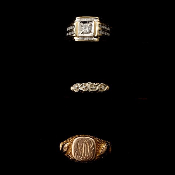 3 DIAMOND, 9K, 10K YELLOW GOLD RINGS.: COLLECTION OF THREE DIAMOND, 9K, 10K YELLOW GOLD RINGS. Including one diamond, 10k yellow gold ring size 9 together with one 9k yellow gold signet snake ring size 9 1/2 together with one diamond, 10k