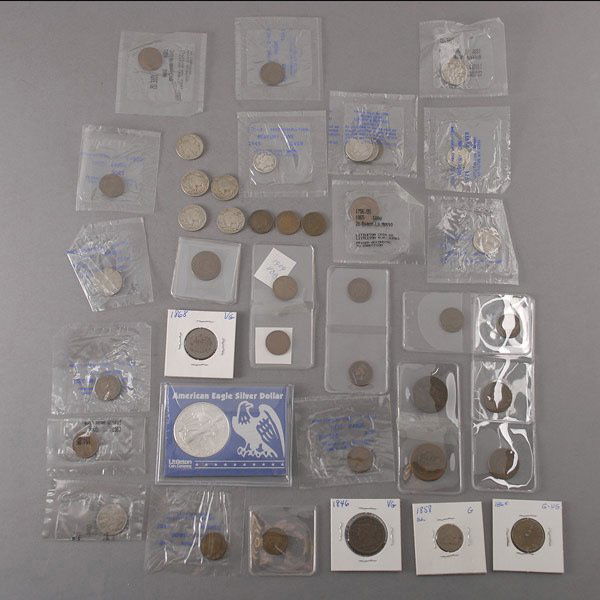 Collection of U.S. Coins.: Collection of U.S. Coins. Including American Eagle silver dollar, Mercury dimes (2), Liberty 5 cents (2), Buffalo nickels (9), 2 cents (6, large cents (3), flying eagle 1859, Indian cents (15), Lincol