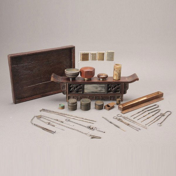 A Group of Opium Smoking Accessories: A Group of Opium Smoking Accessories, including three opium bowls, eight boxes, eight chatelaines, a small dish, a pair of chopsticks, a tray and a bowl stand {Width of Stand: 13 1/4 inches (33.6 cm)}