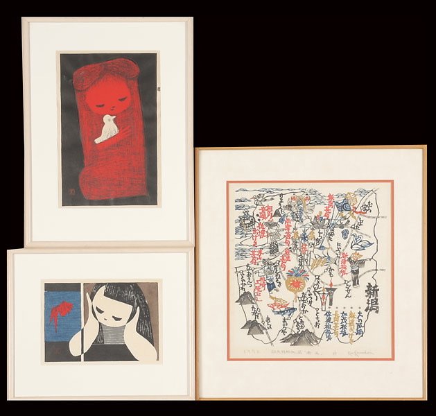 3 Woodblock Prints by Kaoru Kawano and Kan Kawada: Various Artists: Three Japanese Woodblock Prints, a) Kaoru Kawano: Small Bird, framed and glazed, one sealb) Kaoru Kawano: Gold Fish, framed and glazed, one sealc) Kan Kawada: Folk Art Map of Niigata,