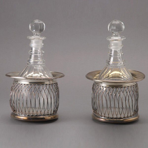 Pr English Sheffield Plate Coasters w/decanters: Pair of English Sheffield Plate Coasters with Anglo Irish Decanters {Height 11 inches}