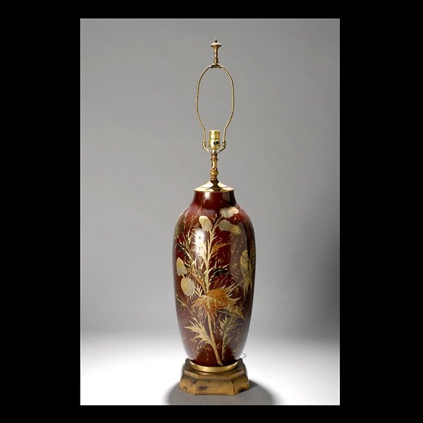 Moser Enameled Vase in the Chinoiserie Taste: Moser Enameled Vase in the Chinoiserie Taste, the large ovoid form in black glass with an elaborate floral spray with thistle and birds painted in the Aesthetic Taste, with metallic enamel work, scatt