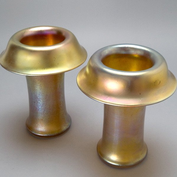 Pair of Loetz Glass Mushroom Vases: Assembled Pair of Loetz Glass Mushroom Vases, Early 20th Century, Each cylindrical form in gold glass with a folded rim forming a flaring canopy resembling a mushroom {Height 10 1/4 inches}
