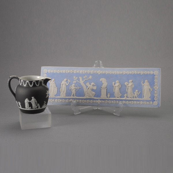 Wedgwood Jasperware Relief Panel and a Pitcher: Wedgwood Jasperware Relief Panel and a Pitcher {Height of pitcher 4 3/4 inches; dimensions of plaque 6 x 18 inches}