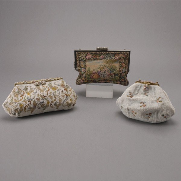 Three Vintage Ladies Purses, Two Beaded: Three Vintage Ladies Purses: two beaded, one French; and one needlepoint {Dimensions of largest 6 1/2 x 8 1/4 inches}