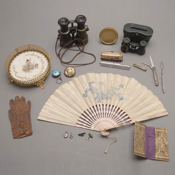 Group Lot: opera glasses, coaster, fan, frame, etc: Group Lot: two pairs of opera glasses, one with case; a Limoges coaster (diameter 6 inches); a fan; a silver enamel pill box; two pocket knives; a miniature round frame; a comb; a button hook; a pair