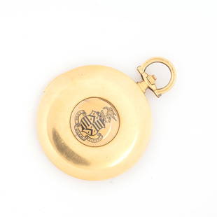 Cartier Enamel, 18k Yellow Gold Repeater Pocket Watch.: Cartier Enamel, 18k Yellow Gold Repeater Pocket Watch. DIAL: Round, cream, black Roman numeral 1 through 12 hour markers, black Arabic numeral 13 through 24 hour markers, black outer minutes track,