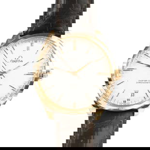 Omega Master Co-Axial Chronometer Wristwatch.: Omega Master Co-Axial Chronometer 18k Yellow Gold, Leather Wristwatch. DIAL: Round, cream textured, gold index hour markers, black outer minutes track, sunken date aperture at 6 o'clock, gold center s