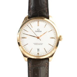 Omega Master Co-Axial Chronometer Wristwatch.: Omega Master Co-Axial Chronometer 18k Yellow Gold, Leather Wristwatch. DIAL: Round, cream textured, gold index hour markers, black outer minutes track, sunken date aperture at 6 o'clock, gold center