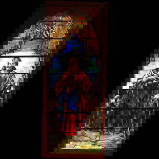 Tiffany Studios Good Shepherd Stained Glass Window: Tiffany Studios Good Shepherd Stained Glass Window Depicting Christ rendered in glass drapery robes in brilliant red, blue and yellow hues, holding a lamb with sheep to either side. Multiple layers of