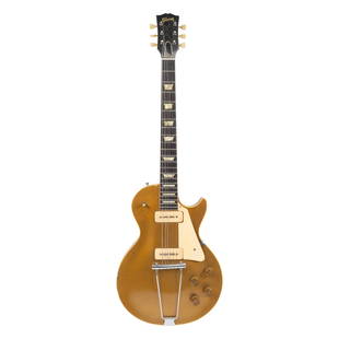 1950s Gibson Les Paul Goldtop Guitar: 1950s Gibson Les Paul Goldtop Guitar. With brown faux leather case, pink velvet lining. The headstock with 'Gibson Les Paul MODEL'. {Approximate dimensions: 39 1/2" long x 13 1/4" wide x 3 1/4" deep.}