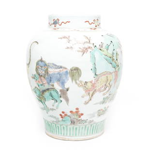 Chinese Large Famille-Verte Porcelain 'Qilin' Jar: Chinese Large Famille-Verte Porcelain 'Qilin' Jar. Of tapered ovoid body brightly enameled with buddhist lion, qilin, and mythical animals in a garden setting with large rockworks and leafy florals. {