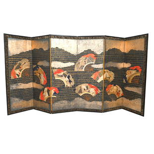 Japanese Painted Six-Panel Screen: Japanese Painted Six-Panel Screen. Finely painted in nine fans depicting Geishas and noblemen engaging in various daily activities, on a deep blue with gild wave outlined background. Using acrylic, go