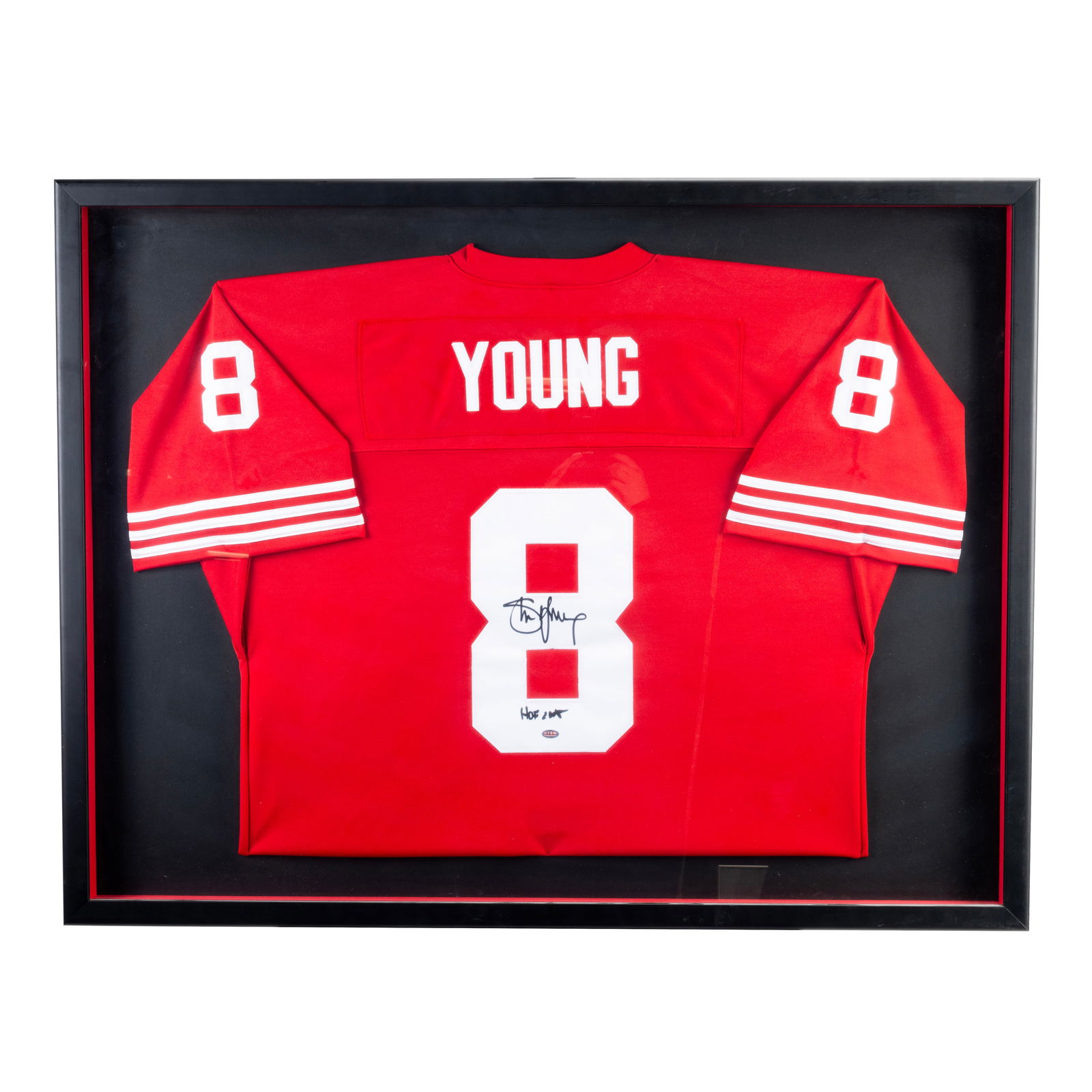 Steve Young 2005 H.O.F. Signed 49ers Jersey.: Steve Young 2005 H.O.F. Signed 49ers Jersey, GTSM Authenticated, in Shadow Box. Signed in Black Sharpie. {Approximate dimensions of frame 41" x 32.5"}. Overall good condition.