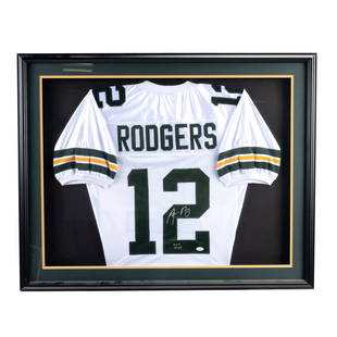 Aaron Rodgers Packers Signed Jersey, JSA Authenticated.: Aaron Rodgers Packers Signed Jersey, JSA Authenticated, Framed in Shadow Box. Certification # W166138. Inscribed XLV MVP below signature. {Approximate dimensions of frame 40.25" x 32.25"}. Overall goo