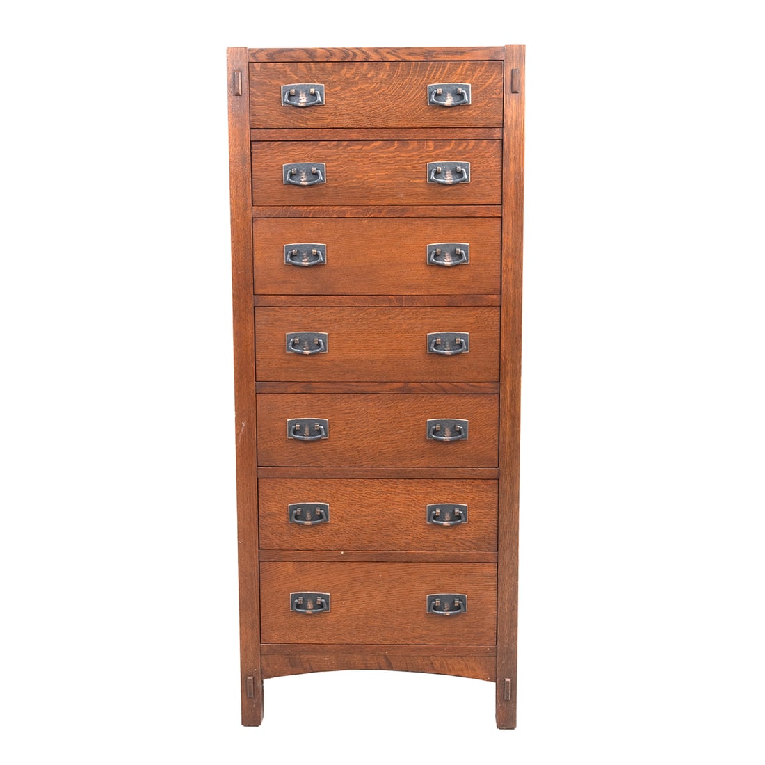 Stickley Arts and Crafts Style Oak Semanier: Stickley Arts and Crafts Style Oak Semanier Chest of Drawers. Seven drawers with hammered copper pulls. Drawer interior with Stickley wood burned mark and round metal badge. {Approximate dimensions: 5
