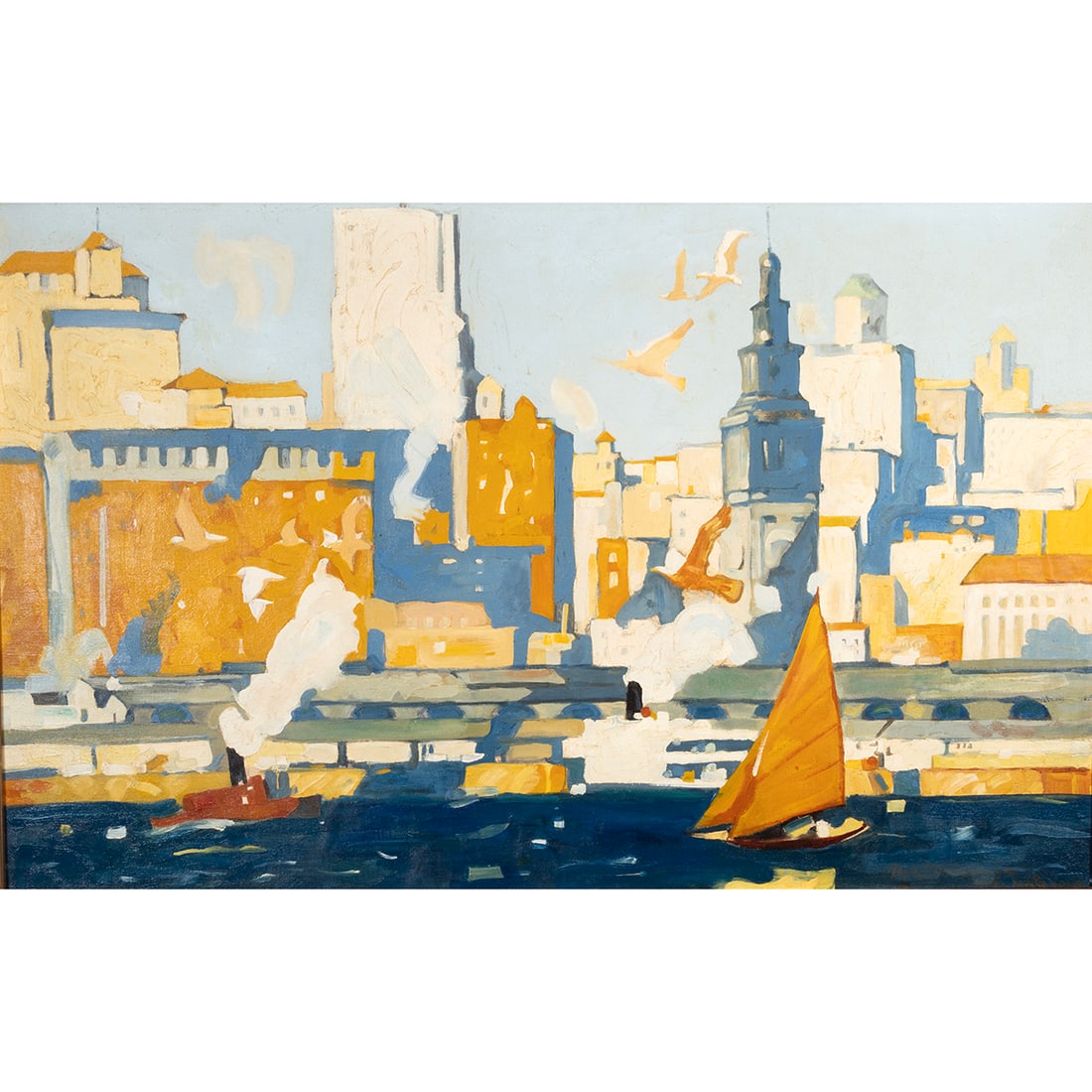 Style of Maurice Logan, San Francisco Ferry Dock, oil (1 of 3)