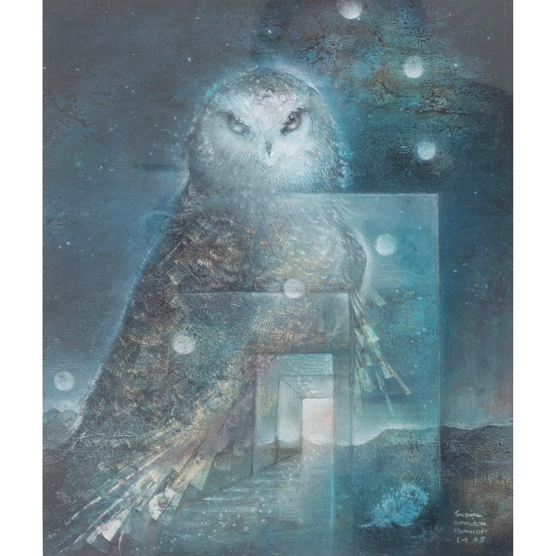 Susan Boulet, Dreamscape Owl, oil pastel and ink: SUSAN SEDDON BOULET (American, 1941-1997), Dreamscape Owl, oil pastel and ink, (approximate dimensions - sheet (sight): 11 1/2 x 9 5/8 inches); signed and dated lower right. Condition: No condition is