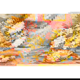 Ellwood Graham, Floral Arrangement, oil: ELLWOOD GRAHAM (American, 1911-2007), Floral Arrangement, oil on masonite, (approximate dimensions - board: 24 x 36 inches); signed lower right, verso is signed. Condition: Surface dust, frame abrasio