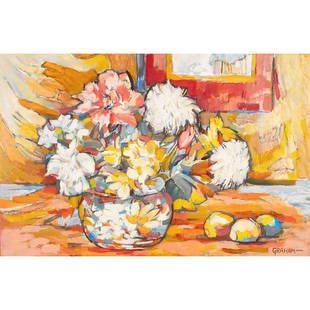 Ellwood Graham, Floral Arrangement, oil: ELLWOOD GRAHAM (American, 1911-2007), Floral Arrangement, oil on masonite, (approximate dimensions - board: 24 x 36 inches); signed lower right, verso is signed. Condition: Surface dust, frame abrasio