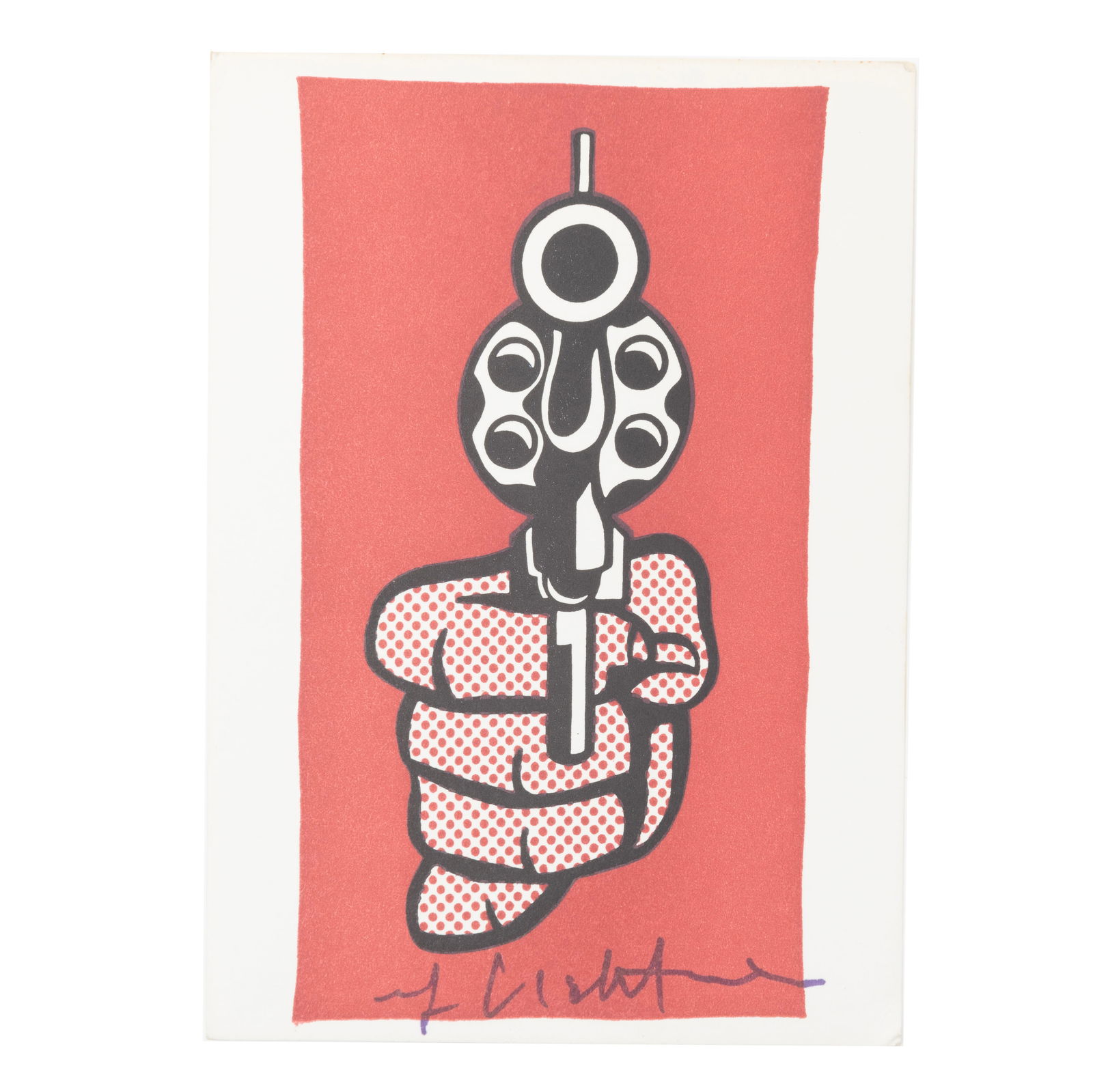 Roy Lichtenstein, Pistol, signed postcard: ROY LICHTENSTEIN (American, 1923-1997), "Pistol," postcard, 1964, lithograph on cardstock, (approximate dimensions - sheet: 4 1/8 x 5 7/8 inches); signed recto; named, titled, and dated verso. Printed