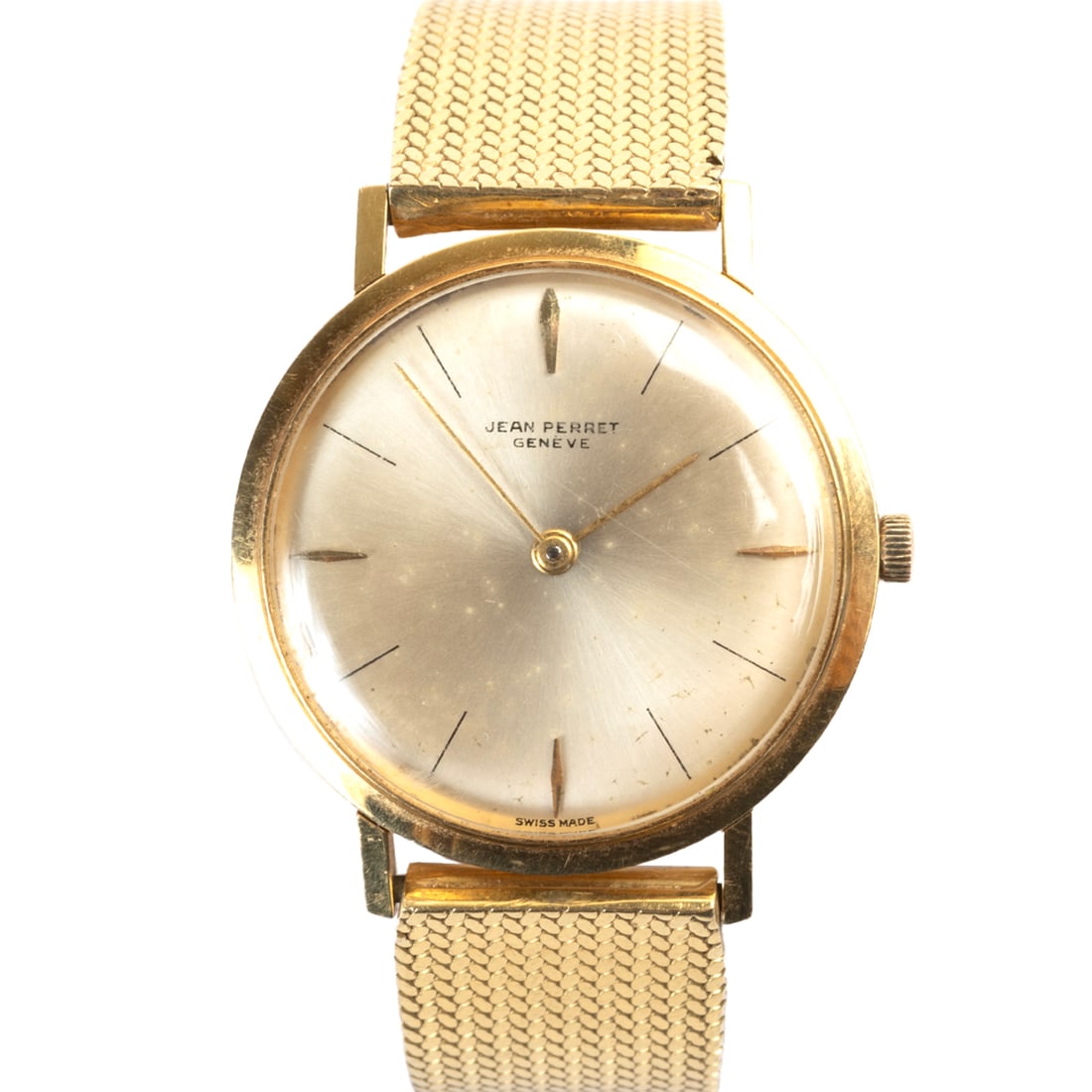 Jean Perret 18k Yellow Gold Wristwatch.: Jean Perret 18k Yellow Gold Wristwatch. DIAL: Round, gold, gold and black index hour markers, gold baton hands, Jean Perret, Geneve. MOVEMENT: Manual wind, seventeen (17) jewels, unadjusted, Bienne, B