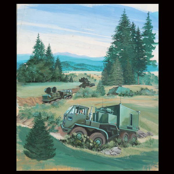 DAVID ROWLANDS "Military Caravan Moving In": DAVID ROWLANDS (British 20th Century) "Military Caravan Moving In" Oil on board. 24 x 20.25 inches/ 61 x 51.5 centimeters. Signed lower right "David Rowlands" Frame: 32.25 x 28 inches/ 82 x 71 centime